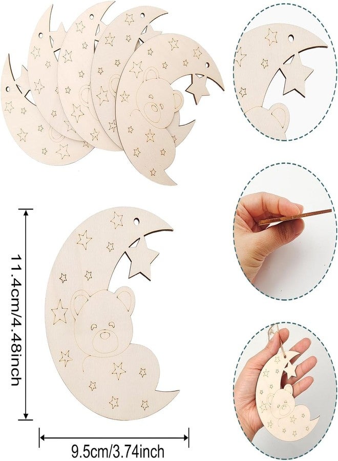 Cliths 15Pcs Moon Bear Wood Cutouts for DIY Crafts Unfinished Wooden Bear Ornaments with Hole to Paint Kids Art, Nursery Home Hanging Decorations - Image 2